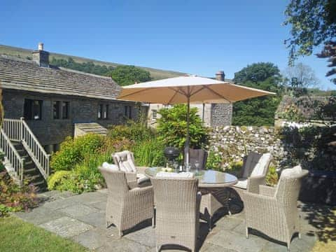 Relaxing garden with 2 patios | Hilltop Barn, Starbotton, near Skipton