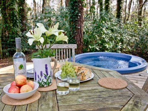 Delightful outdoor space with hot tub | Hunters Lodge - Indio Lake, Bovey Tracey