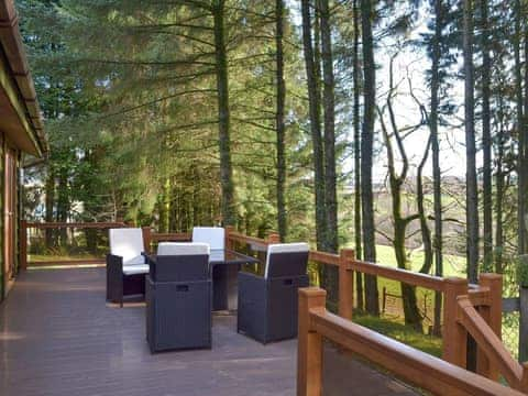 Wonderful decked veranda with table and chairs overlooking the wooded surroundings | Oak Lodge, Clatworthy, near Williton