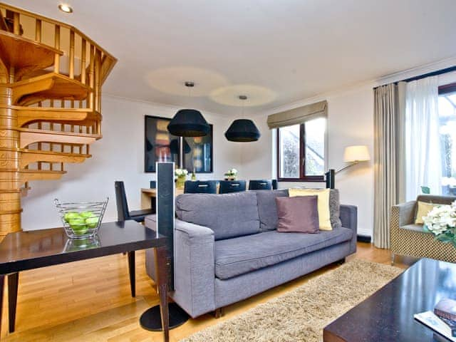 Cosy and comfortable living area with staircase | Honeysuckle - Woodland Retreat, Wadebridge