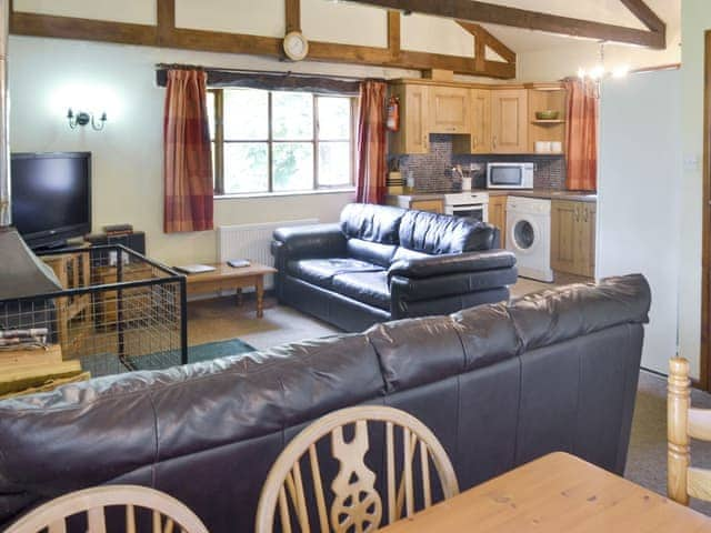 Open-plan design with exposed wood beams | Great Meadow - Sherrill Farm Holiday Cottages, Dunterton, near Tavistock