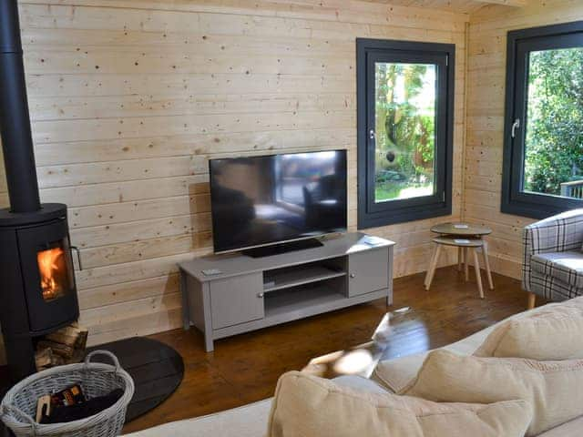 Lounge area with wood burner | Trelispen Lodge, Perran Downs, near Marazion