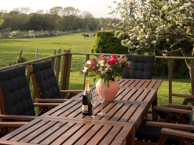 Delightful decked area with table and chairs overlooking the surrounding fields | Holly Cottage, Pett