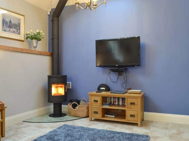 Modern wood burner and wall mounted TV in living area | Applegate Cottage - Holtby Grange Cottages, Holtby, near York