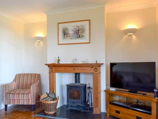 Cosy living room with wood burner | Sea View Lodge, Rousdon, near Lyme Regis