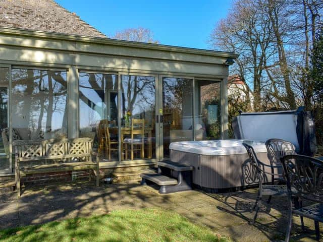 Terrace with furniture and hot tub | Sea View Lodge, Rousdon, near Lyme Regis