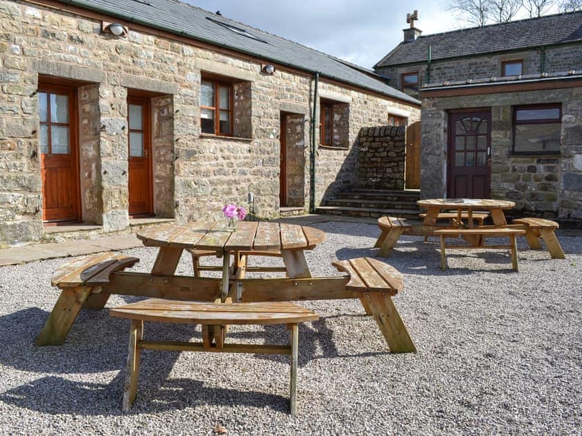 Exterior with seating area | Rooten Brook Farm -<strong> </strong>Lakeland View - Rooten Brook Farm, Quernmore, near Lancaster