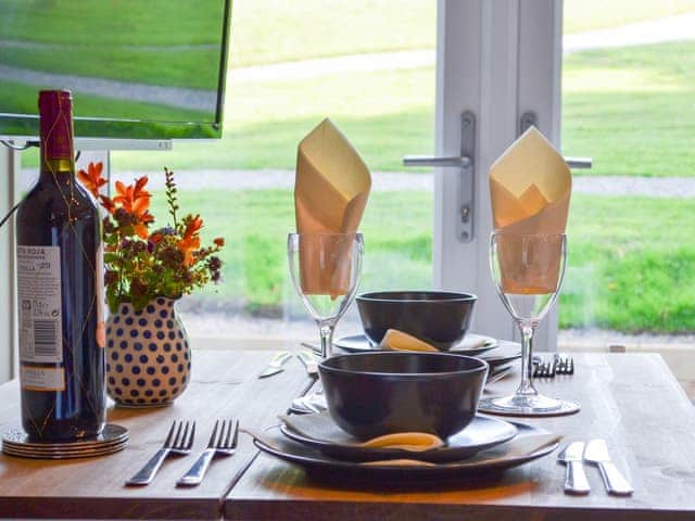 Lovely dining area with lovely view | Curlew Lodge - Wallace Lane Farm Cottages, Brocklebank, near Caldbeck and Uldale