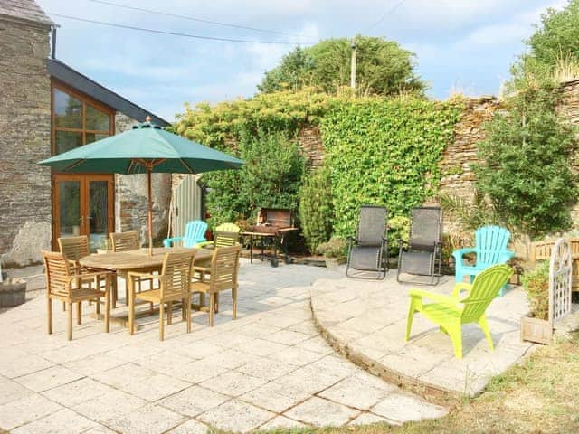 Patio | The Old Farmhouse - Polean Farm Cottages, Pelynt, near Looe