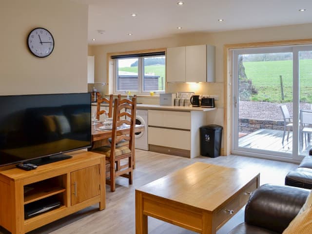 Wonderful bright and airy open plan living space with sliding doors to the patio | Woodedge - Cairnyard Holiday Lodges, Lochanhead, Beeswing