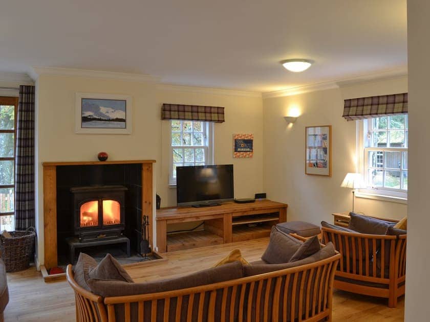 Cosy living room with wood burner | East Lodge - River Cottage & East Lodge, Enochdhu, near Pitlochry