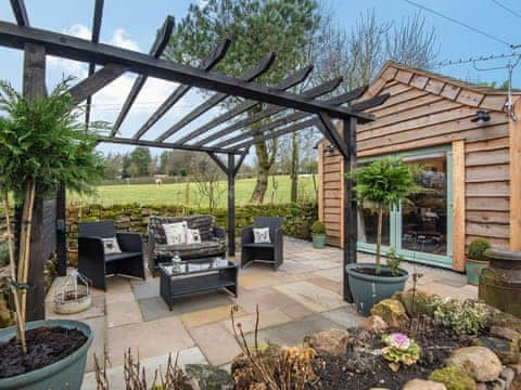 Patio | Little Pines Lodge, Biddulph