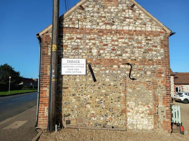 Entrance to the cottage parking area | Dale View, Vista Cottage - Sea Marsh Cottages, Brancaster Staithe, near Wells-next-the-Sea