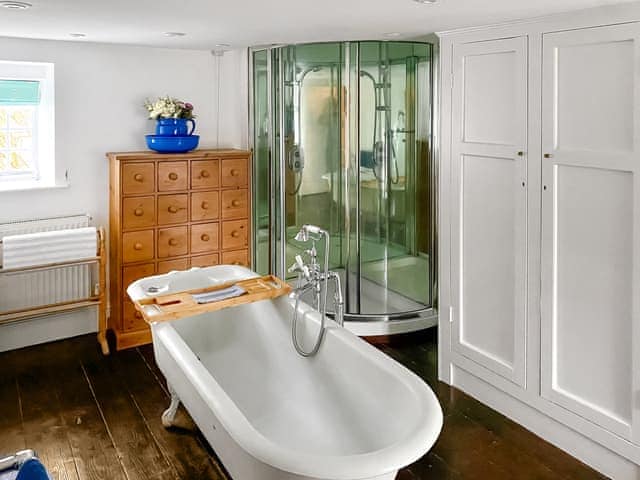 Bathroom (1st floor) with roll top bath and shower | Bradley Hall, Matlock