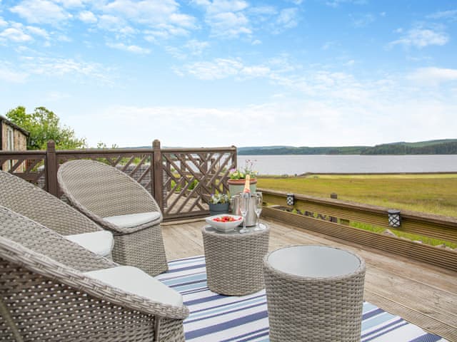 Decking area with seating and great views | Lake View Cottage, Yarrow Moor, near Bellingham