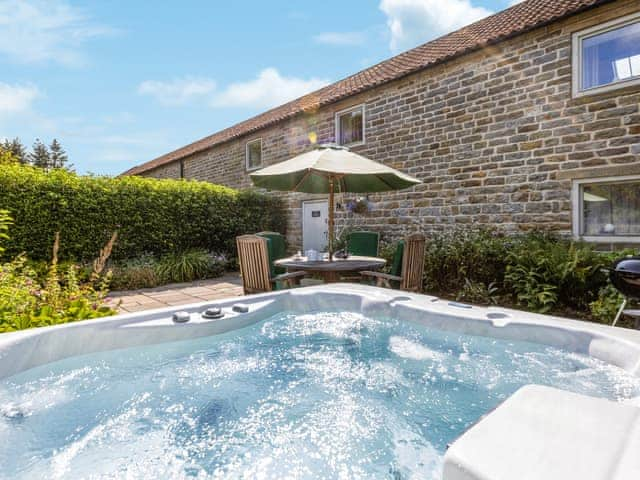 Beautiful private patio area with hot tub | Oak Cottage, Harwood Dale, near Scarborough