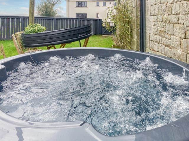 Log fired hot tub with electric air and water jets with LED lights | Whitehill Barn - Whitehill Farm, Walton, near Brampton