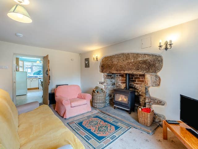 Cosy living room with wood burner | Lukesland Farm Cottage, Harford, Dartmoor National Park