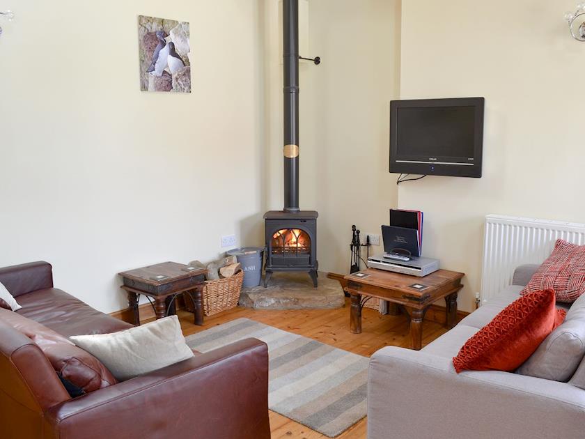 Warm, inviting open plan living area with wood burner | Guillemot Cottage - Manor Farm Cottages, Buckton, near Flamborough