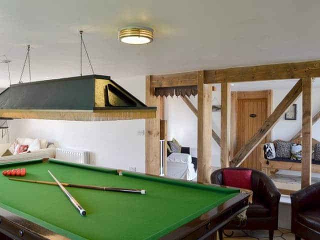 Open plan living room/ snooker table/ hallway | Saunders Oast Barn, Guestling, near Hastings