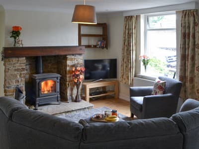 Living room with wood burning stove | Elm Croft, Falstone, near Bellingham