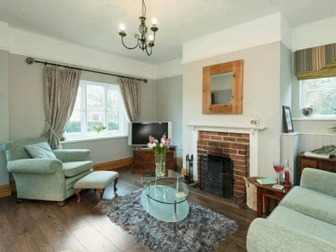 Stylishly furnished living room with open fire | Horseshoes House, Saham Toney, near Thetford