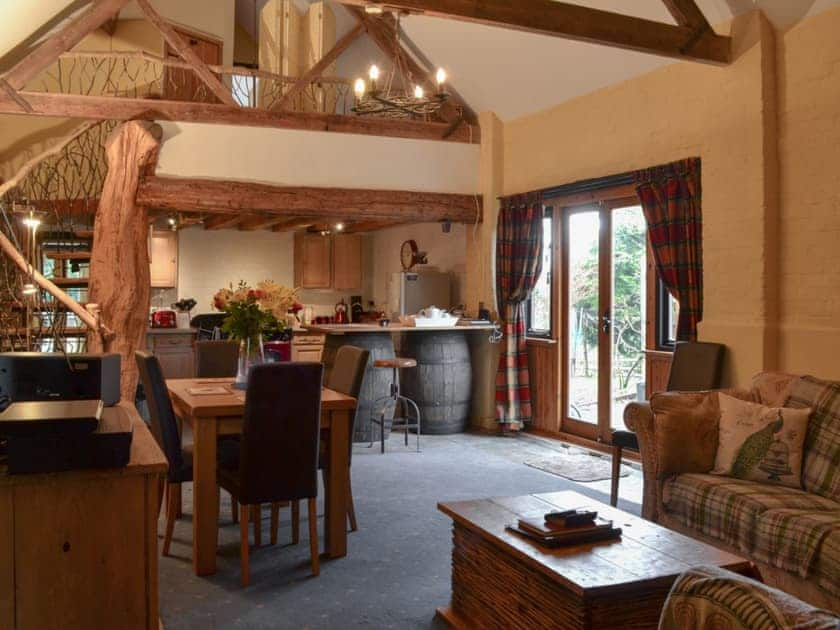 Open plan living space with vaulted ceiling | Meadow Barn - Brook and Meadow Barns, Shobley, Ringwood