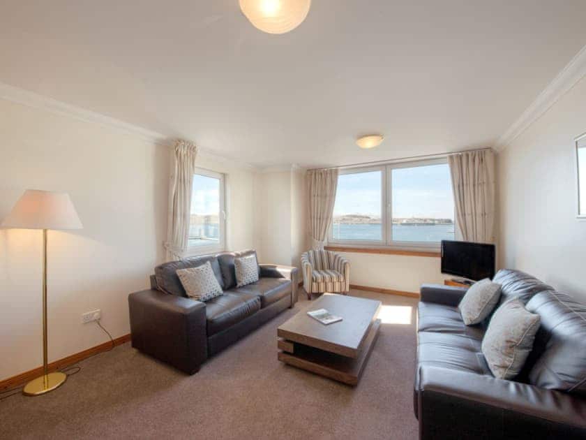 Light and airy living room with bay views from every window | Tiree 3, Apartment, Tiree 4 - Esplanade Court, Oban, Argyll