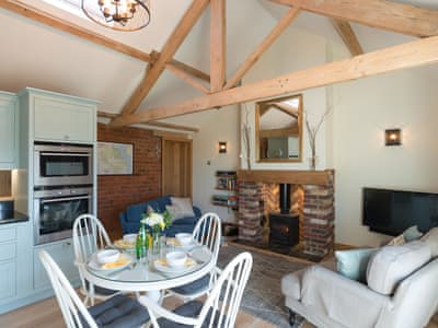 Open plan living with multi-fuel burner and wood beams | Daisy - Ham Hall Lane Cottages, Scruton, near Northallerton