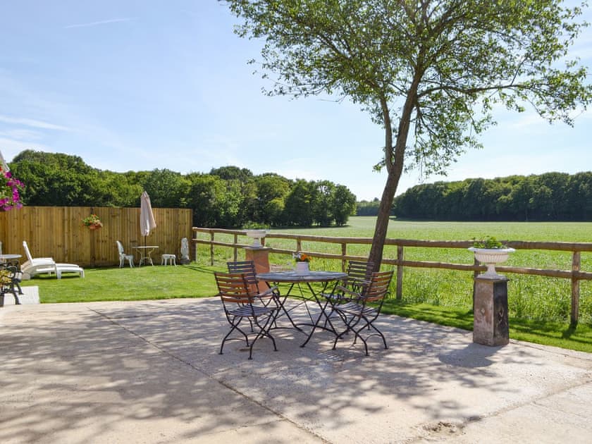 Outstanding rural views from the patio area | The Duck House - Dynes Farm, Bilsington, near Ashford
