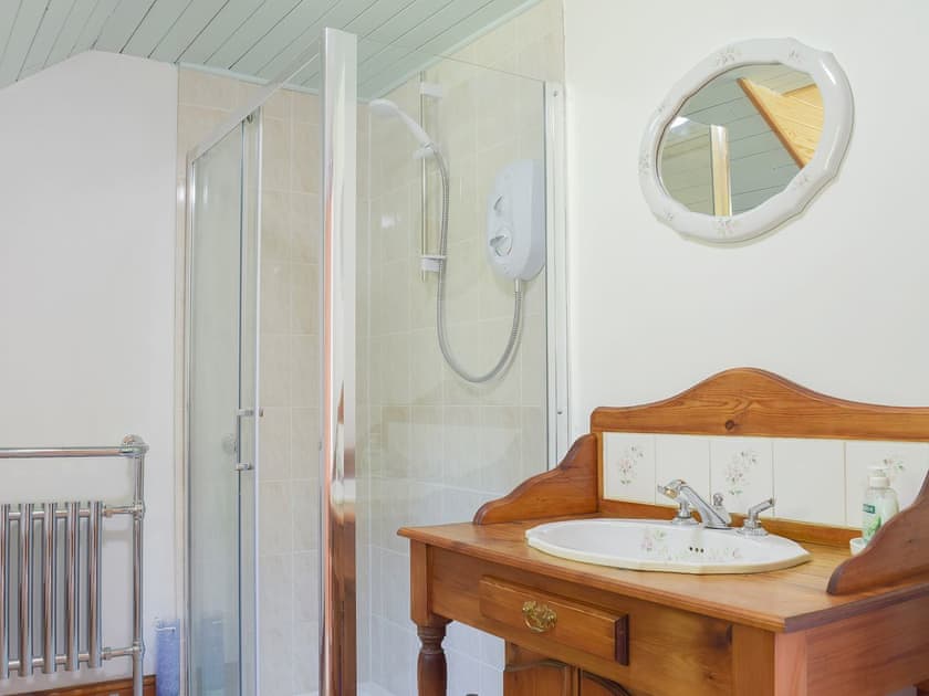 Bathroom with shower cubicle and heated towel rail | Woodlands, Laugharne, near Pendine