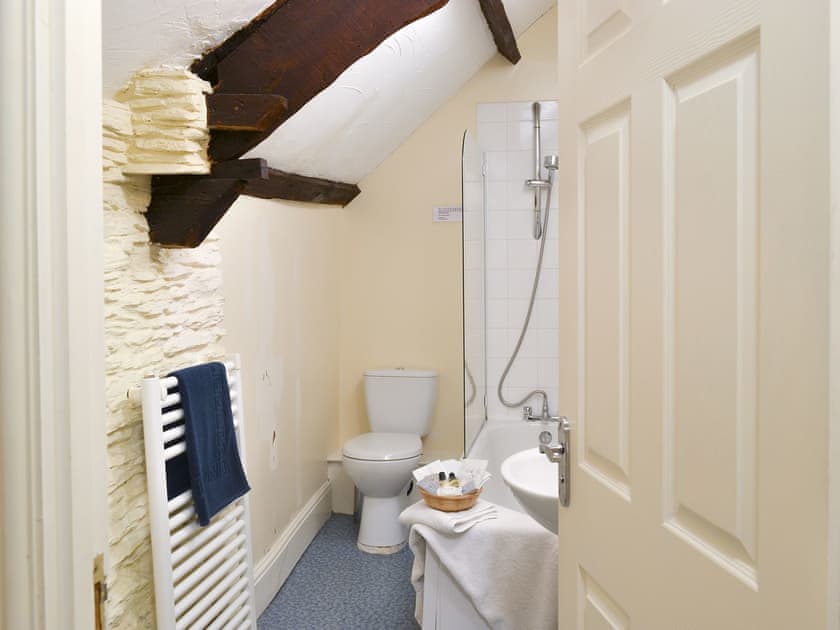 Family bathroom with shower over bath | Paddock Cottage - Trimstone Manor Cottages, Trimstone, near Woolacombe