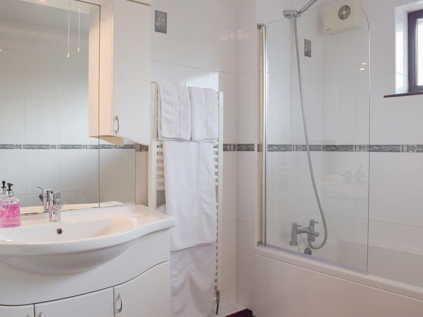 Bathroom with shower over the bath | Elm View - Elm Cottages, Cwmbach, near Whitland