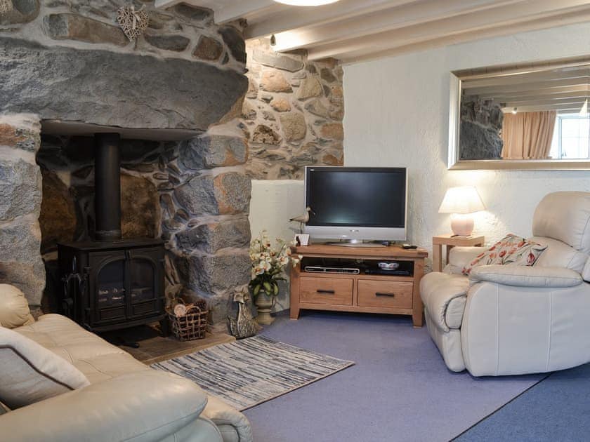 Living room with wood burner | Bron Gybi, Llangybi, near Pwllheli