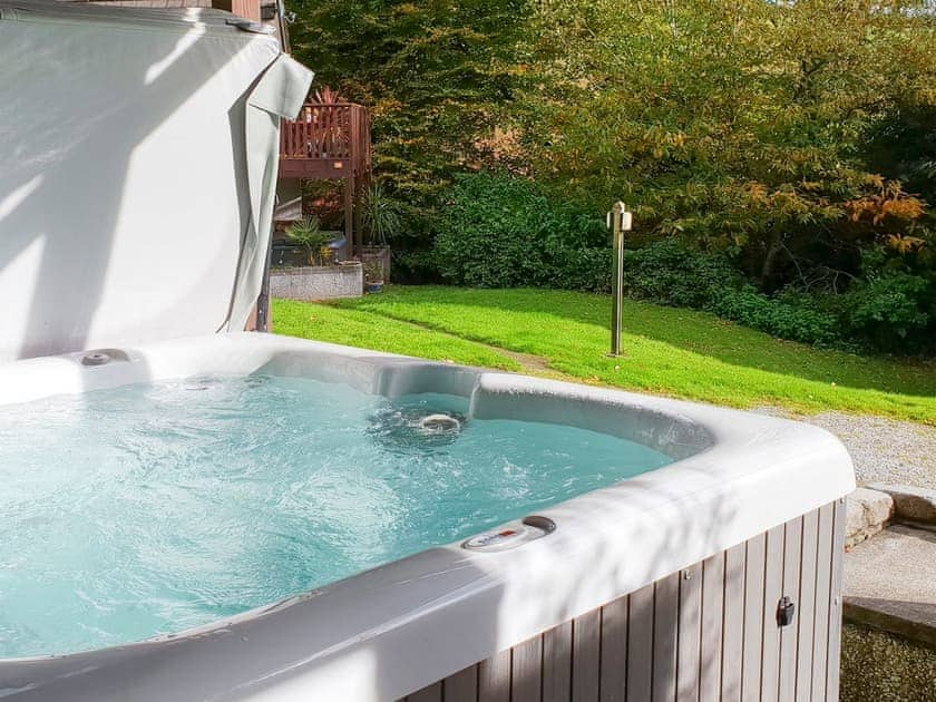 Private hot tub on the decked balcony | Valley Lodge 47, Gunnislake, near Callington