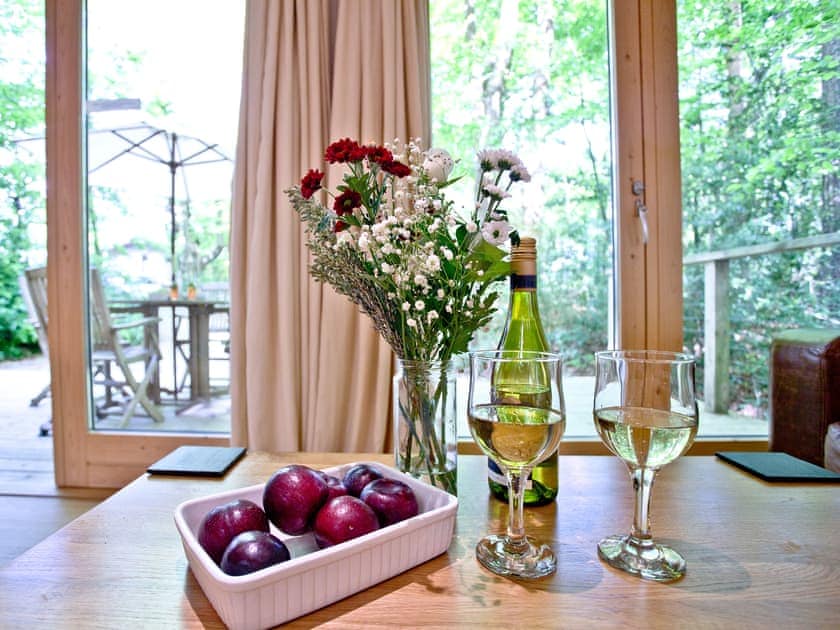 Dining area overlooking the outdoor space | Huccaby Lodge - Indio Lake, Bovey Tracey