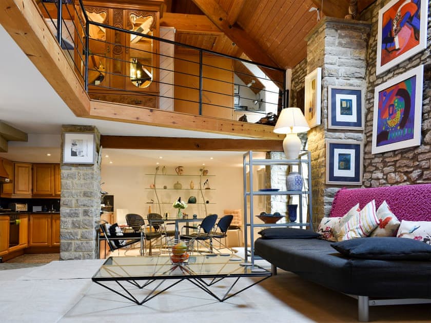 Open plan living space with vaulted ceiling. | The Old Guildhall, Corfe Castle