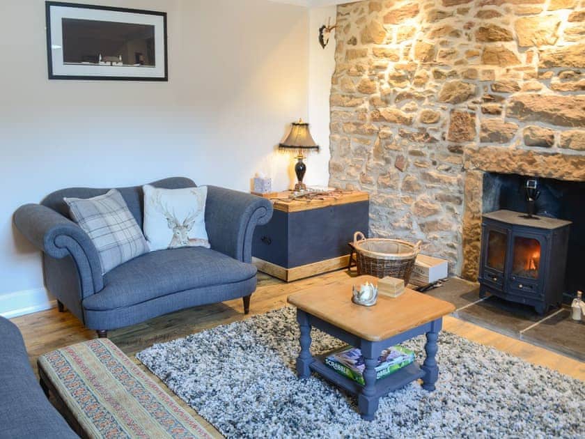 Lovely living room with feature stone wall | Wallace House, Dornoch, near Tain