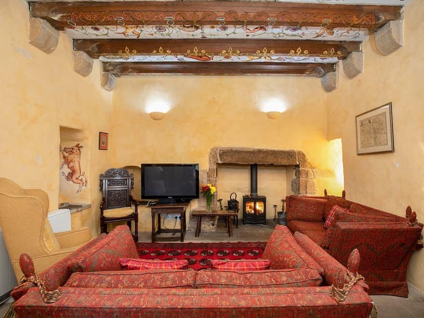 Beamed living room with ornate painted ceiling | Braidwood Castle - Braidwood Castle, Braidwood, near Carluke