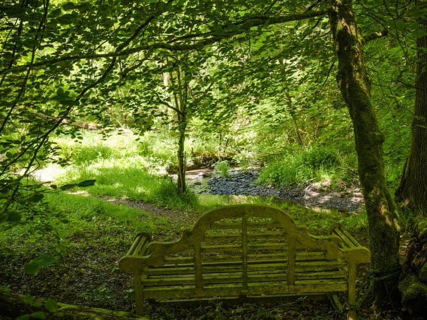 Beautiful outdoor seating area beside the stream  | Ash Mill Cabin, Ashreigney, near Chulmleigh