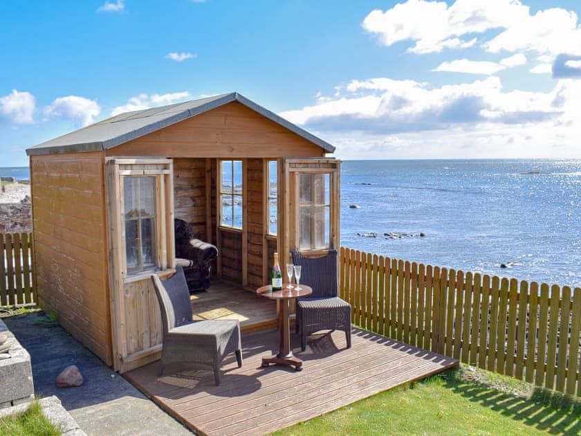Lawned garden with Summerhouse | Seashore Retreat, Johnshaven, near Montrose