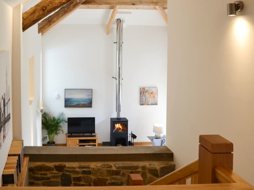 View over living area from landing | The Oak Stall - Higher Blagrove Farm Cottages, East Worlington, near South Molton