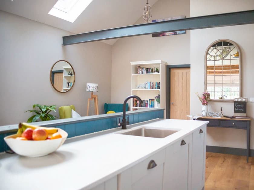 Stunning kitchen area overlooking the living room | Stabl, Bethania, near Aberaeron