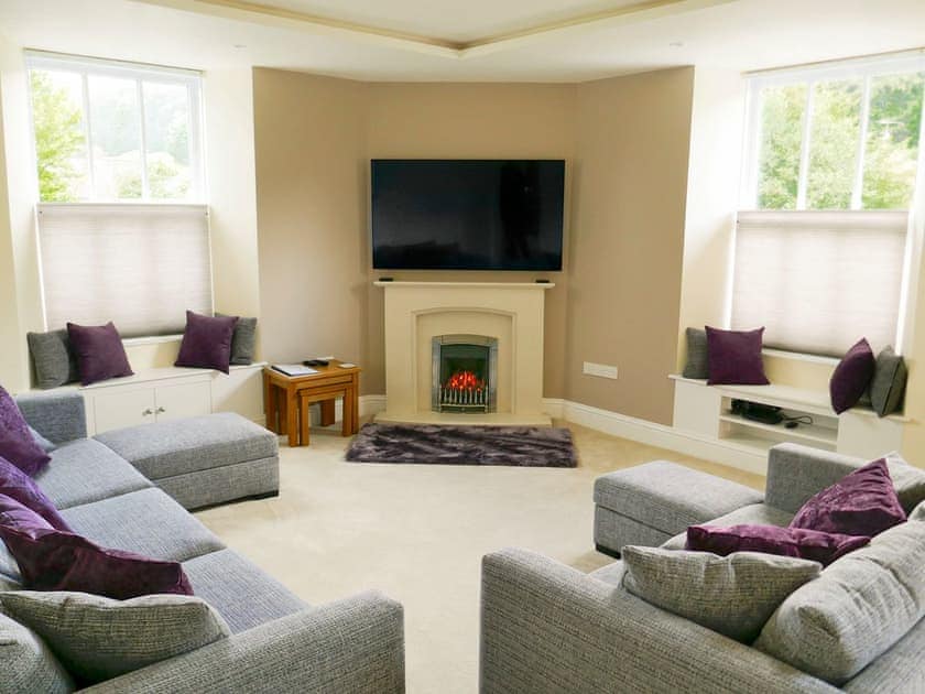 Living room with top-down bottom-up blinds partly down | Easedale Corner, Grasmere, near Ambleside