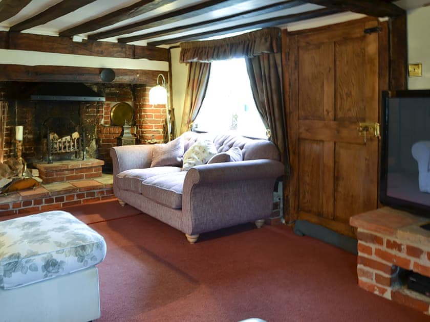 Cosy and warm living room with open fireplace | Tattlepot Farmhouse, Pulham Market, near Diss