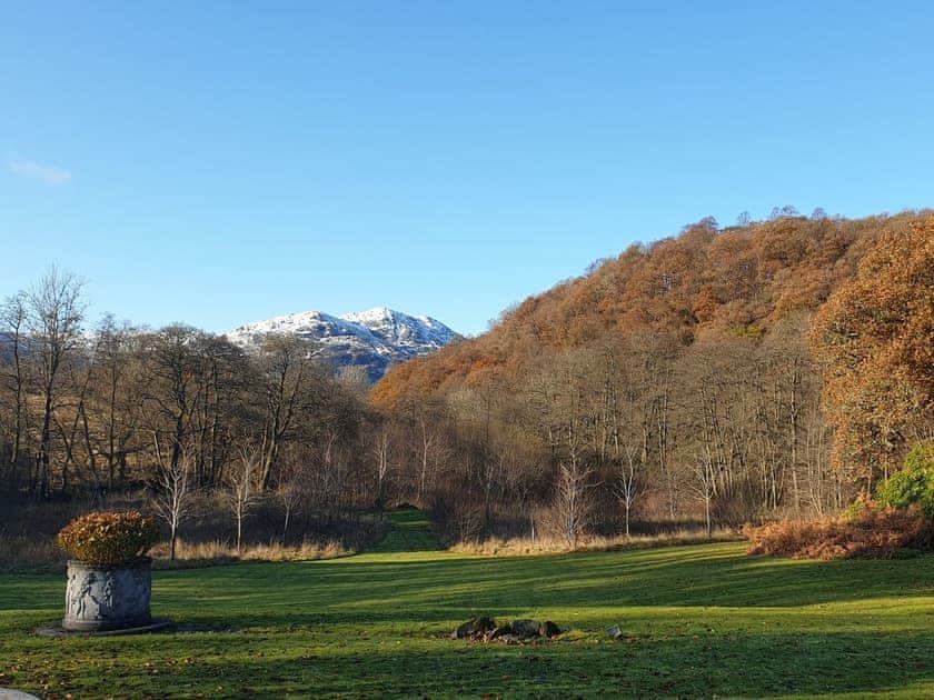View over the grounds to the snow topped mountains | Dundarroch House, Brig o’ Turk, near Callander