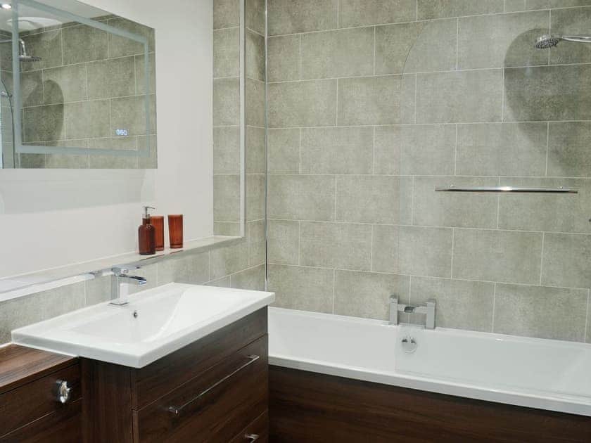 Bathroom with shower over bath | Stable Cottage, Stewarton