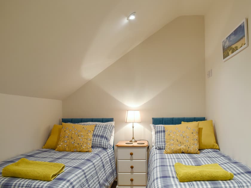 5ft double bedroom (can be 2ft6in twin beds on request, for children - as shown) No door - privacy curtain | Treeview Lodge, Uggeshall