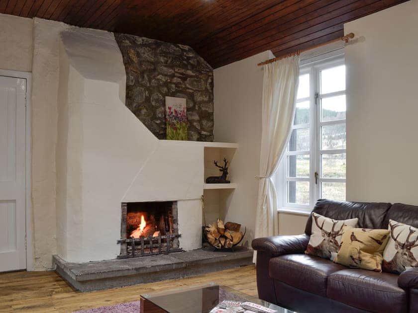 Cosy living room with open fire | Tower Cottage - Dalnaglar Castle And Cottages, Glenshee, near Blairgowrie