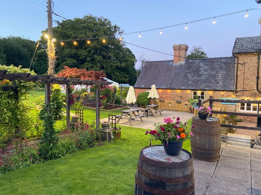 Beer garden of the cottage owners adjoining pub/restaurant | Boyne Arms Cottage, Burwarton, near Bridgnorth